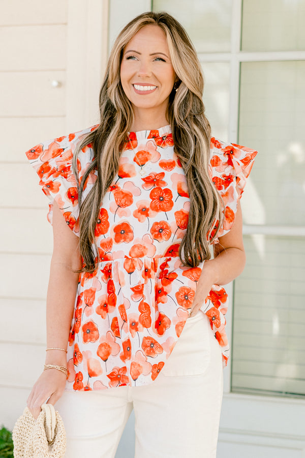 Chic Soul plus size clothing, red poppy floral print short sleeve top with babydoll style and flare ruffle sleeves with mock neck