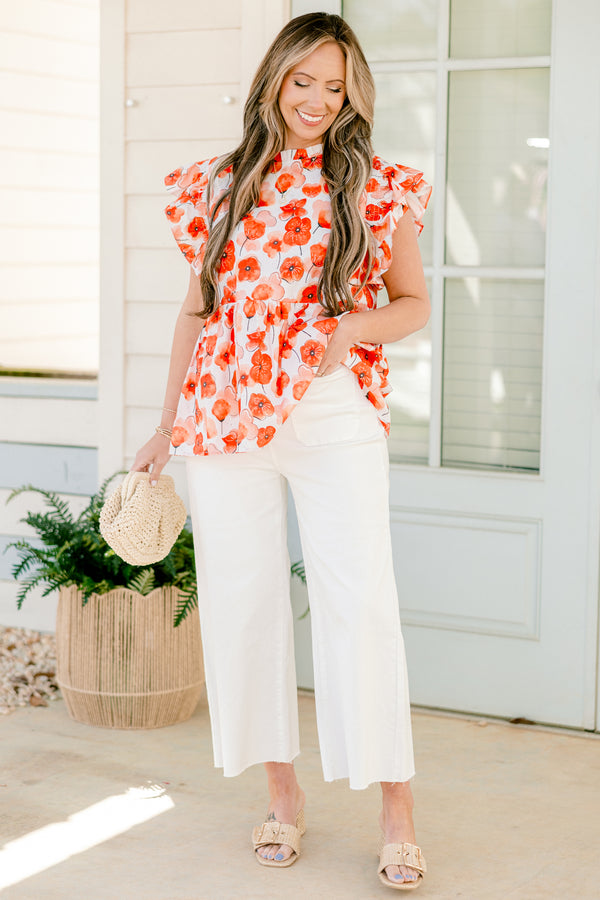 Chic Soul plus size clothing, red poppy floral print short sleeve top with babydoll style and flare ruffle sleeves with mock neck