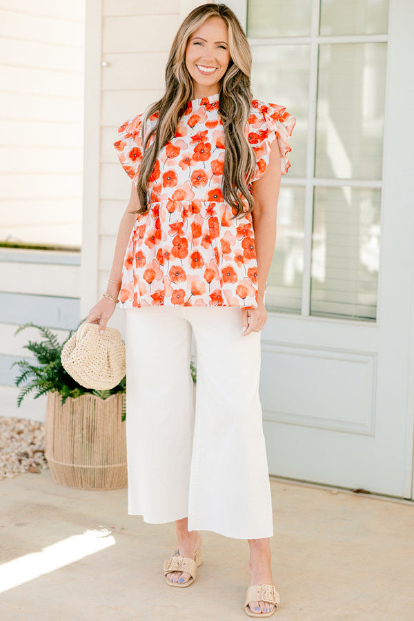 Chic Soul plus size clothing, red poppy floral print short sleeve top with babydoll style and flare ruffle sleeves with mock neck