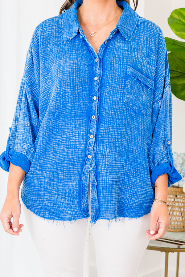 Chic Soul plus size clothing, ocean blue button-up top with raw hemline edges