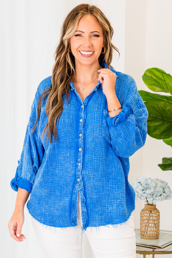 Chic Soul plus size clothing, ocean blue button-up top with raw hemline edges
