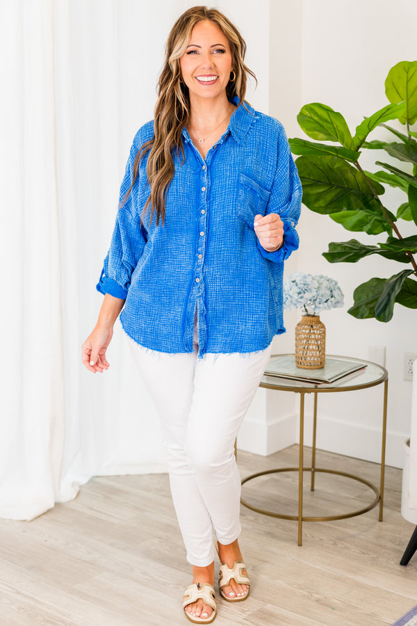 Chic Soul plus size clothing, ocean blue button-up top with raw hemline edges
