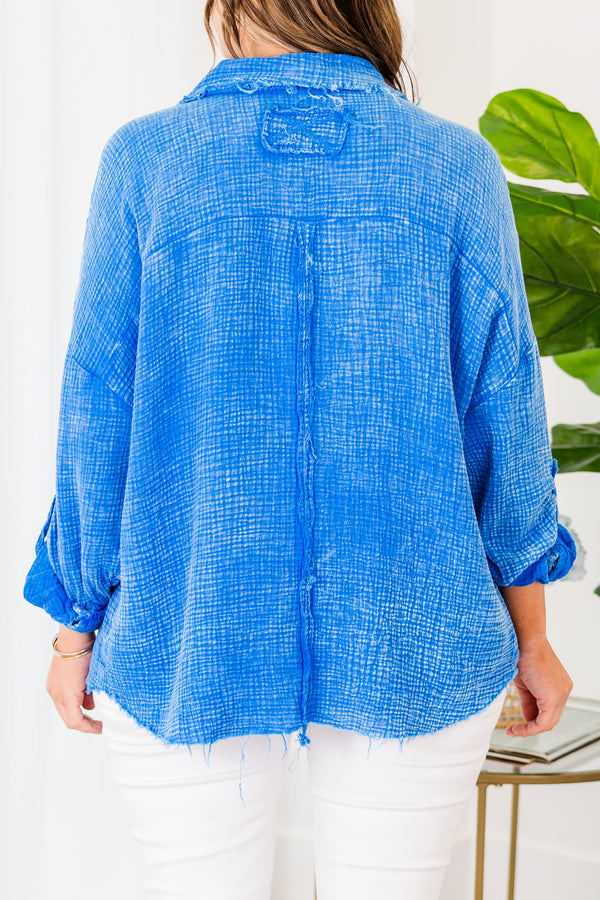 Chic Soul plus size clothing, ocean blue button-up top with raw hemline edges