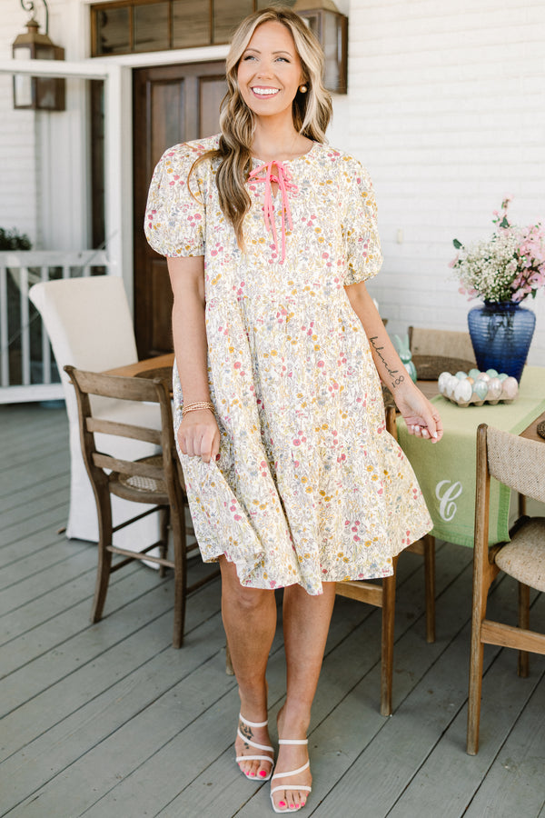Chic soul plus size clothing, Pink short sleeve baby doll dress, with a floral pattern and tie bows on neckline