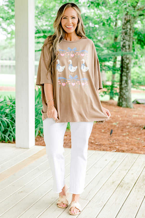 Chic Soul plus size clothing light brown short sleeve graphic tee, with three geese on the center of the shirt with bow accents above them 