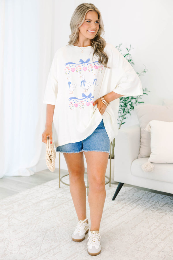 Plus Size ivory boyfriend tee with a graphic of three geese wearing blue bows and pink hearts.