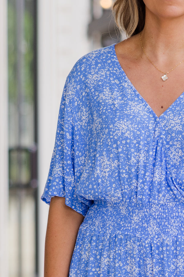 Chic Soul plus size clothing, Blue short sleeve romper with v neckline and smocked synched waist detail with small white floral detail