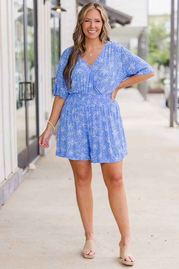 Chic Soul plus size clothing, Blue short sleeve romper with v neckline and smocked synched waist detail with small white floral detail