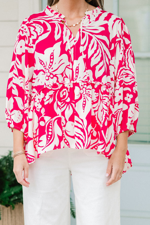 Chic Soul plus size clothing, quarter sleeve ruffled hot pink mix top with tie on the collar and floral pattern