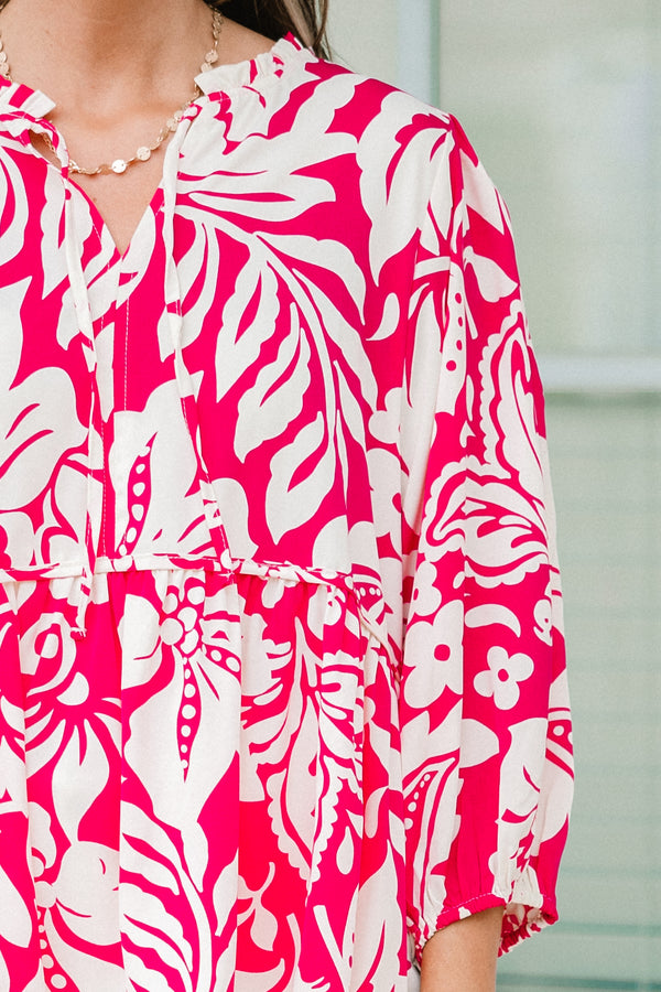 Chic Soul plus size clothing, quarter sleeve ruffled hot pink mix top with tie on the collar and floral pattern