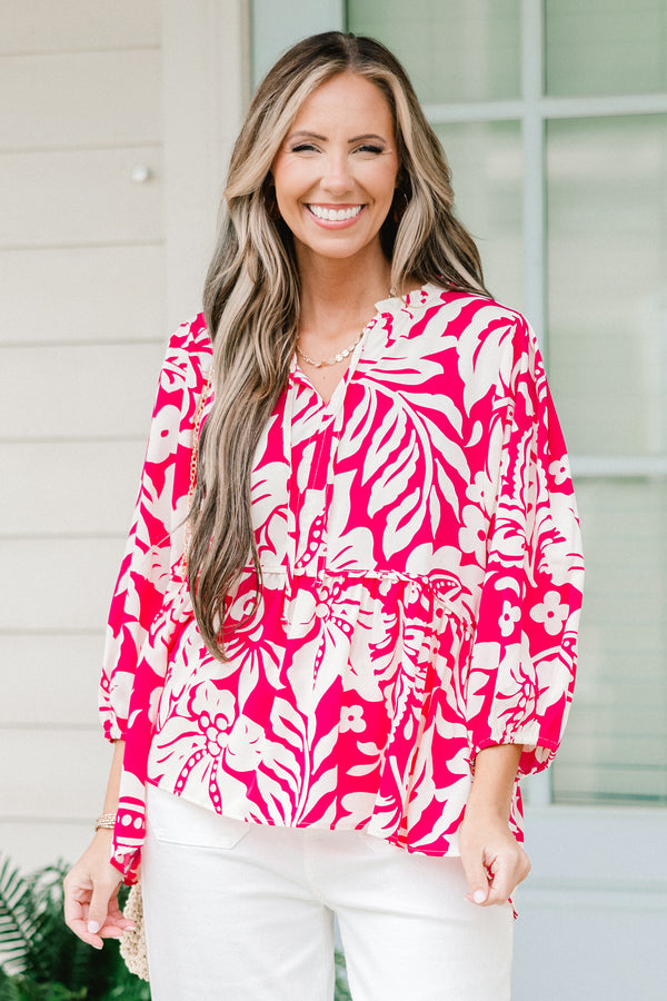 Chic Soul plus size clothing, quarter sleeve ruffled hot pink mix top with tie on the collar and floral pattern