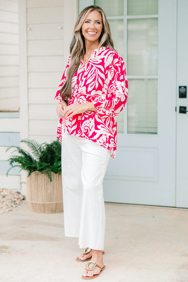 Chic Soul plus size clothing, quarter sleeve ruffled hot pink mix top with tie on the collar and floral pattern