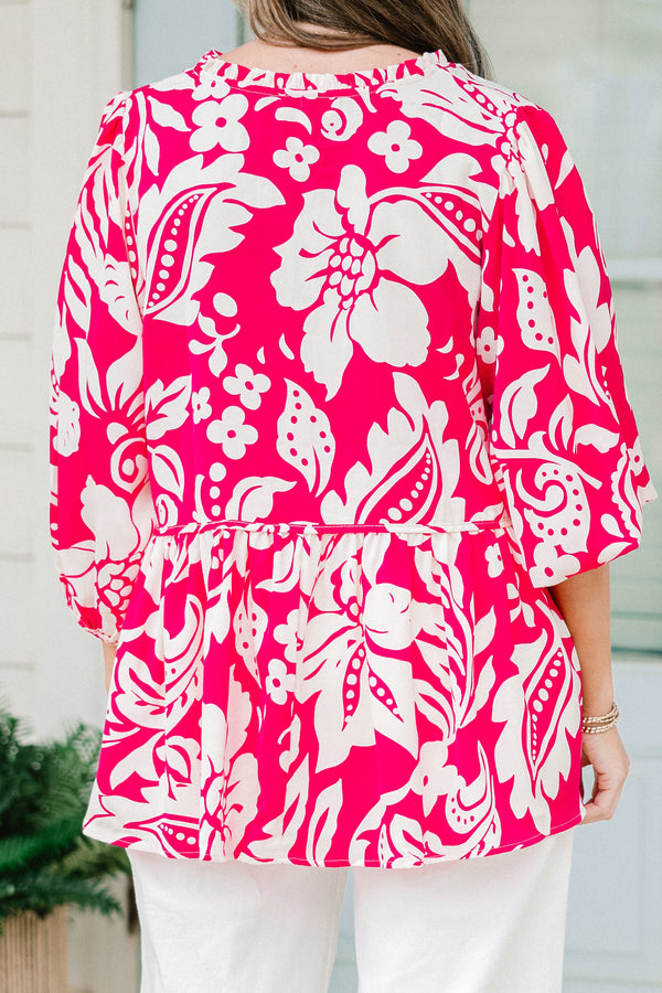 Chic Soul plus size clothing, quarter sleeve ruffled hot pink mix top with tie on the collar and floral pattern