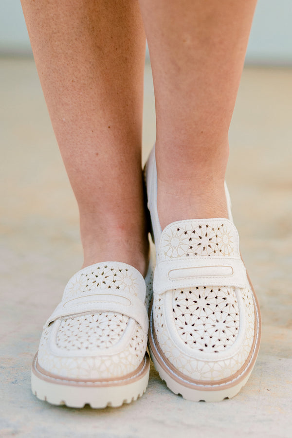 Chic Soul plus size clothing, ivory loafers with a floral woven pattern and a strap that goes across the top of the loafer 