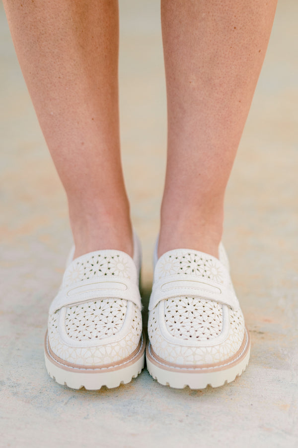 Chic Soul plus size clothing, ivory loafers with a floral woven pattern and a strap that goes across the top of the loafer 