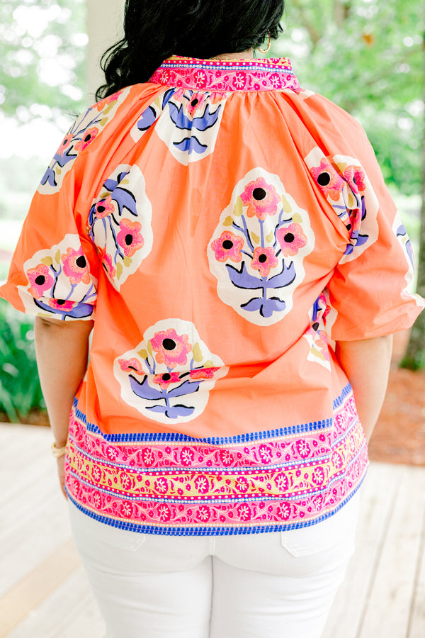 Chic Soul plus size clothing, coral top with bubble sleeves and a block pattern throughout the top