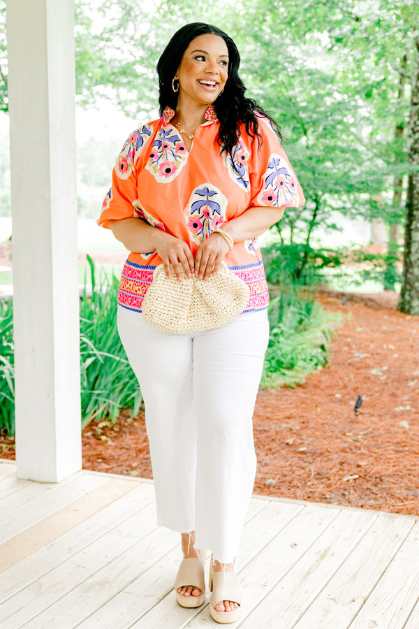Chic Soul plus size clothing, coral top with bubble sleeves and a block pattern throughout the top