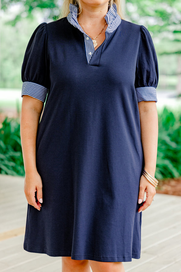 Chic Soul plus size clothing, solid navy short sleeve mini dress with three quarter button up neckline with stripe ruffle detail trim with cuffed stripe trim on puff sleeves