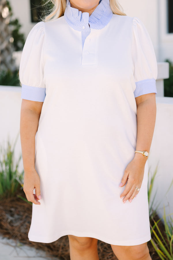 Chic Soul plus size clothing, white knee length dress with short sleeves that have a  blue striped cuff at the end as well as a button-up neckline that has blue striped ruffle detailing on the collar 