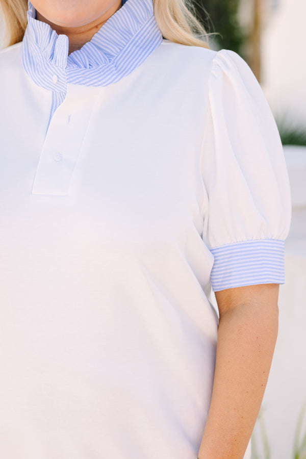 Chic Soul plus size clothing, white knee length dress with short sleeves that have a  blue striped cuff at the end as well as a button-up neckline that has blue striped ruffle detailing on the collar 