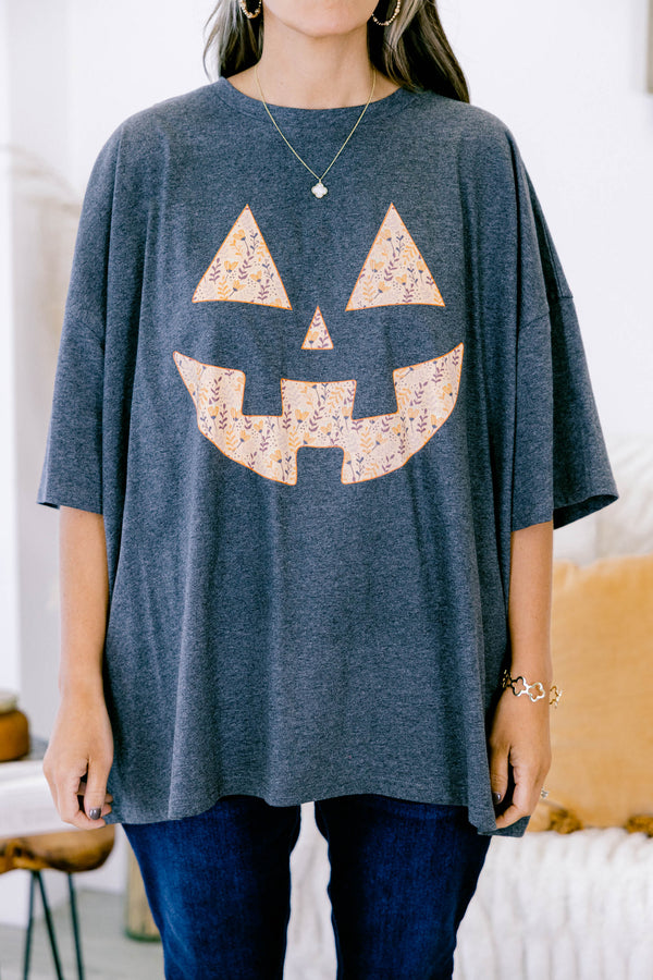 Chic Soul plus size clothing, charcoal boyfriend tee with a jack-o-lantern face on the center of the shirt 