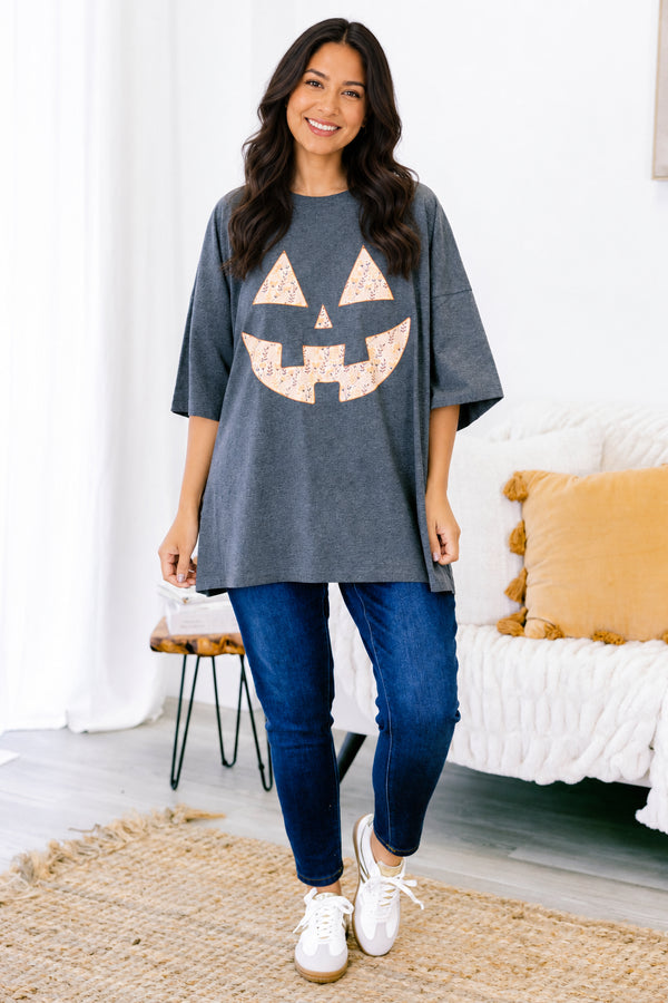 Chic Soul plus size clothing, charcoal boyfriend tee with a jack-o-lantern face on the center of the shirt 