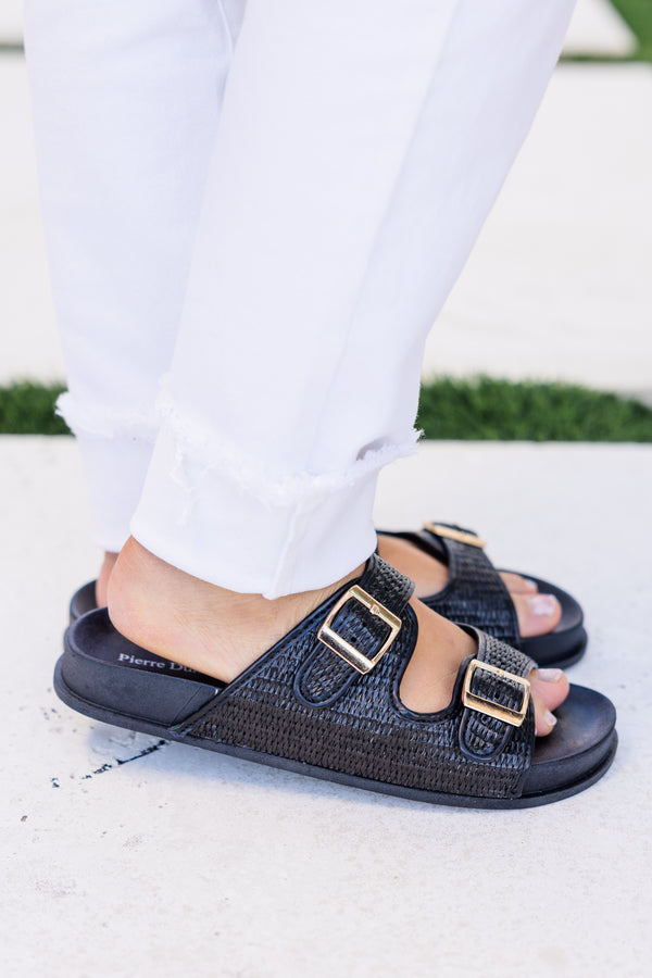 Chic Soul plus size clothing, black double strap black woven slide sandals with gold buckle hardware