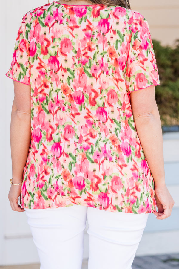 Chic Soul plus size clothing, fuchsia short sleeve multi floral print top