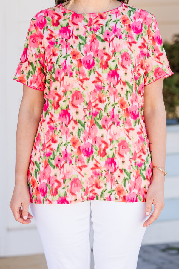 Chic Soul plus size clothing, fuchsia short sleeve multi floral print top