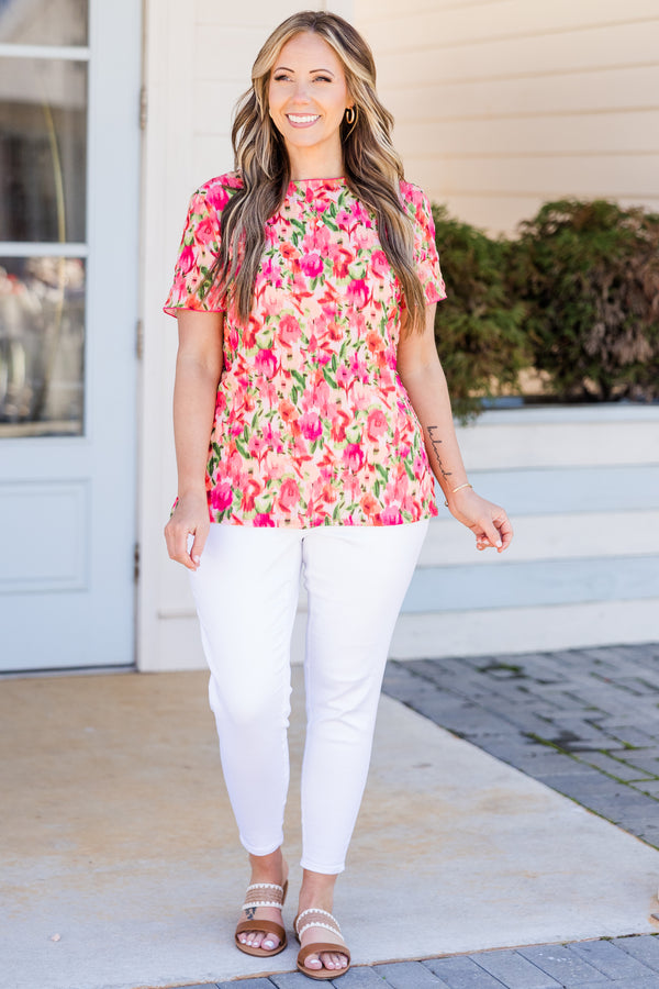 Chic Soul plus size clothing, fuchsia short sleeve multi floral print top