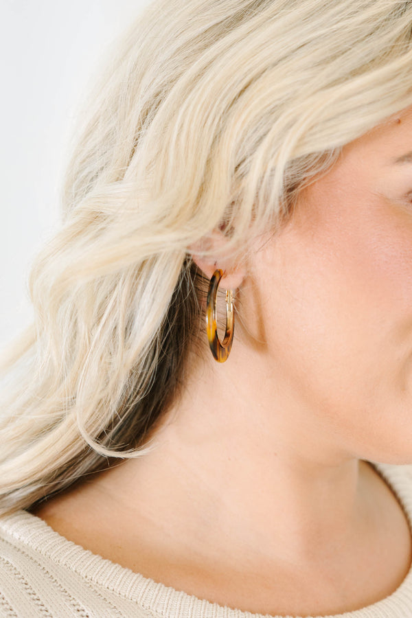 Pretty Little Pair brown tortoise-shell hoop earrings with gold-tone accents.