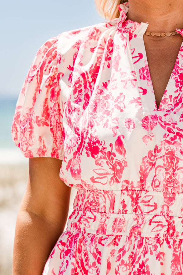 Chic soul plus size clothing, Pink casual dress with a damask pattern and short sleeves 
