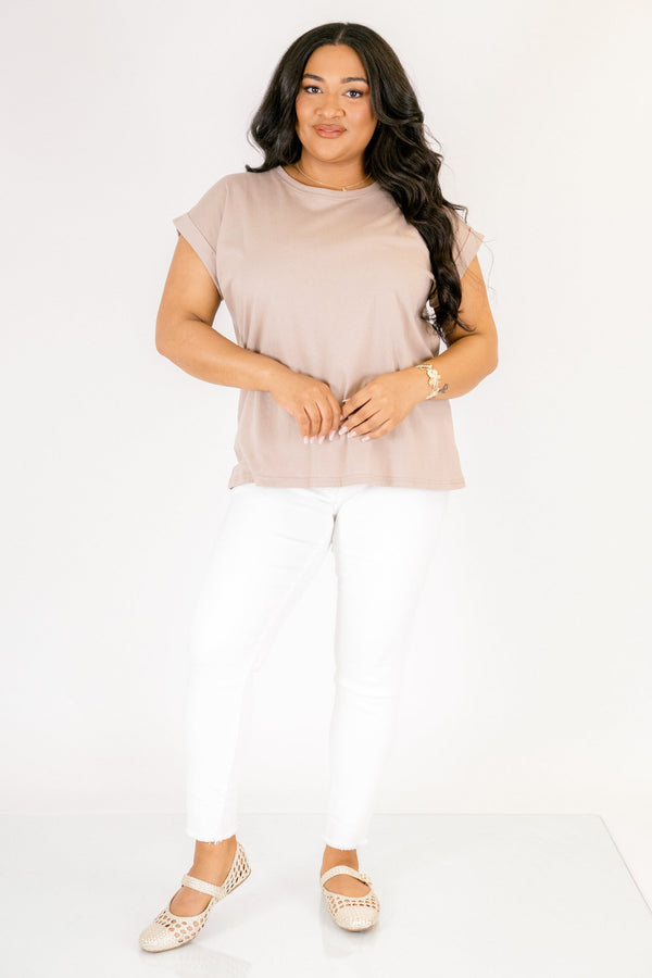 Chic Soul plus size clothing, ash mocha basic tee with short sleeves that have a cuff at the end of each sleeve 