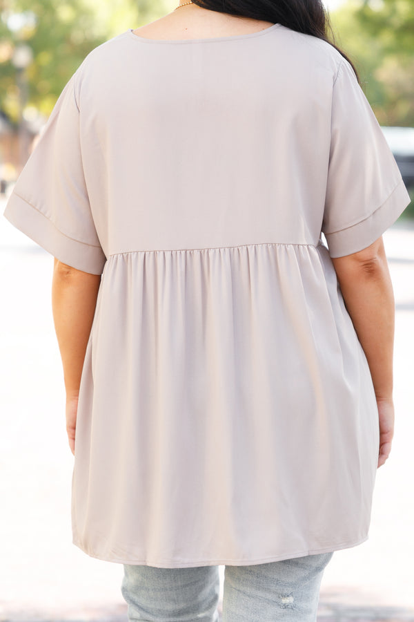 Chic Soul plus size clothing, ash mocha colored babydoll top with v neck style