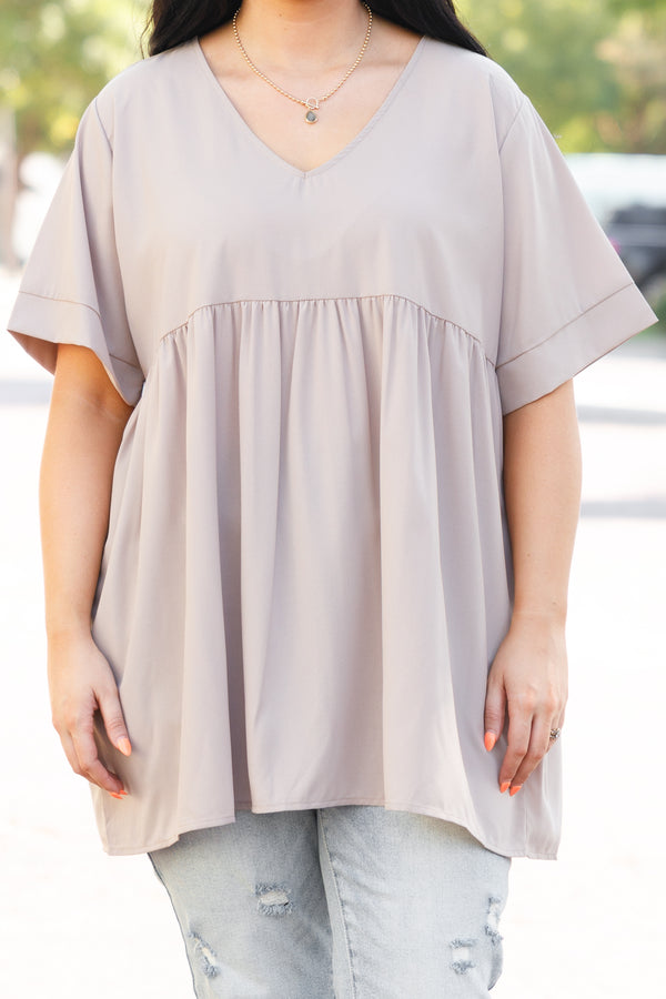 Chic Soul plus size clothing, ash mocha colored babydoll top with v neck style