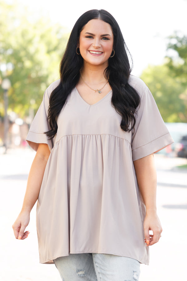 Chic Soul plus size clothing, ash mocha colored babydoll top with v neck style