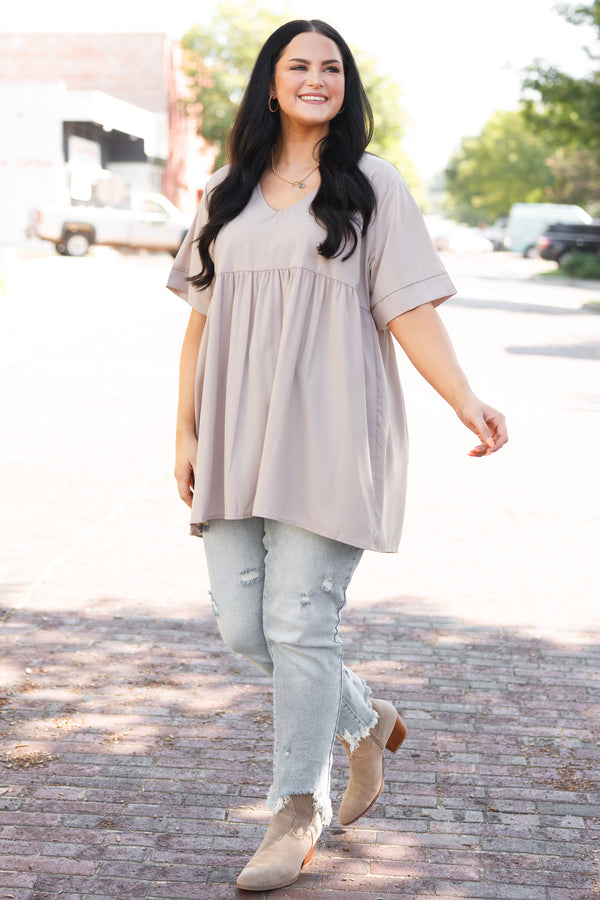 Chic Soul plus size clothing, ash mocha colored babydoll top with v neck style