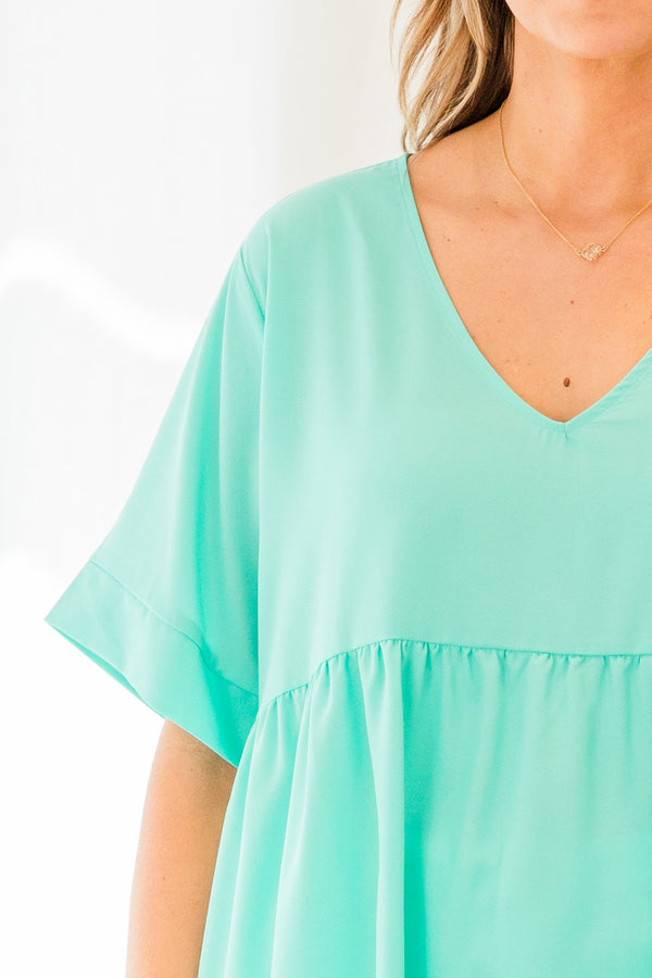 Chic Soul plus size clothing, short sleeve mint baby doll top with v-neckline and ruffled details