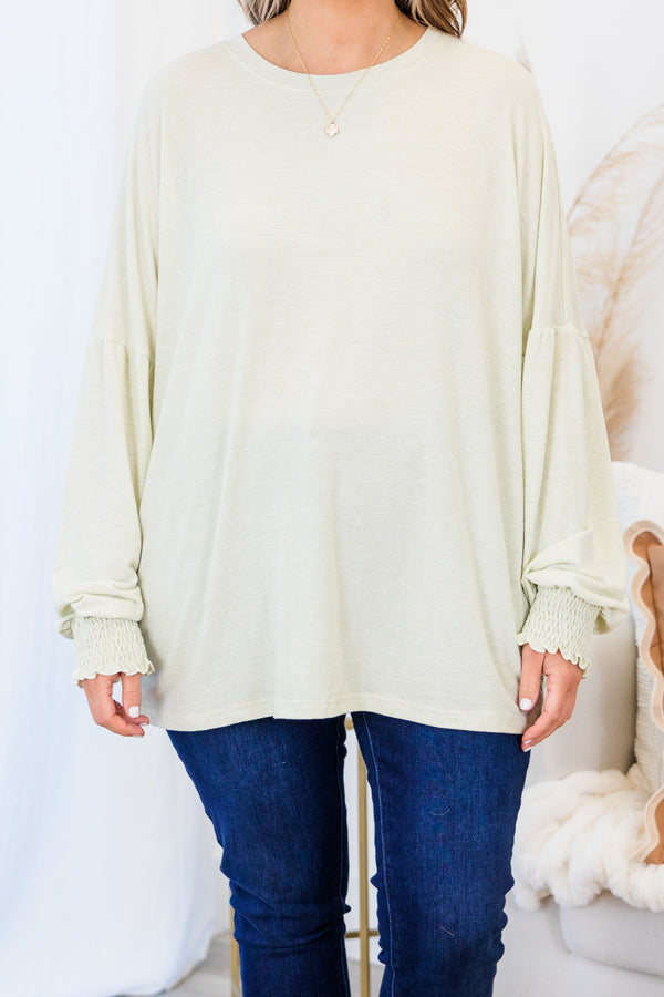 Chic Soul plus size clothing, gray long sleeve flowy top with round neckline with bubble sleeves with smocked cuff sleeve detail
