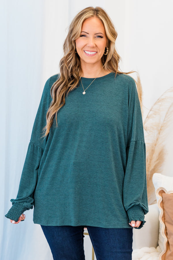 Chic Soul plus size clothing, long-sleeve teal green top with smocked detailing on wrists and scoop-neckline 
