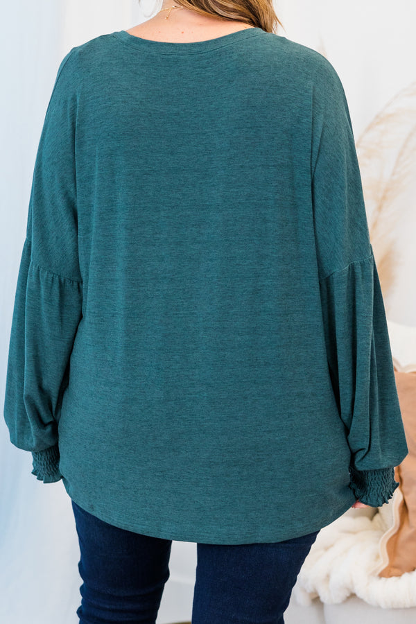 Chic Soul plus size clothing, long-sleeve teal green top with smocked detailing on wrists and scoop-neckline 
