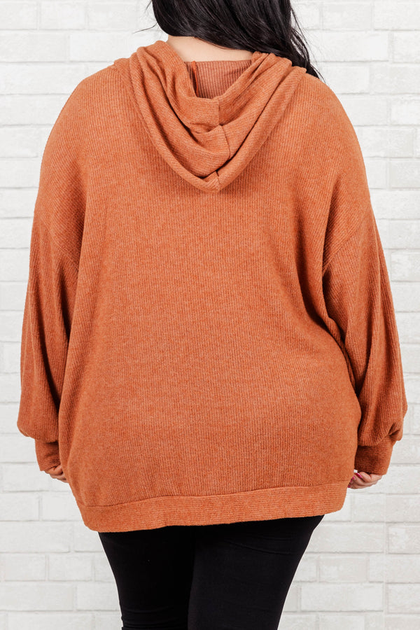 Chic Soul plus size clothing, marsala colored top with a kangroo pocket and balloon sleeves