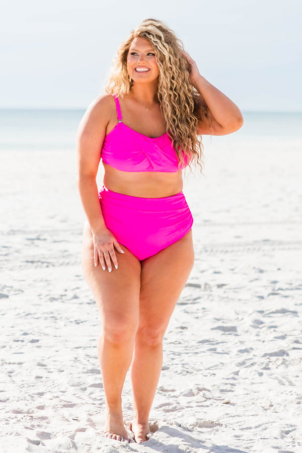 Chic Soul plus size clothing, neon pink high waisted swimsuit bottoms