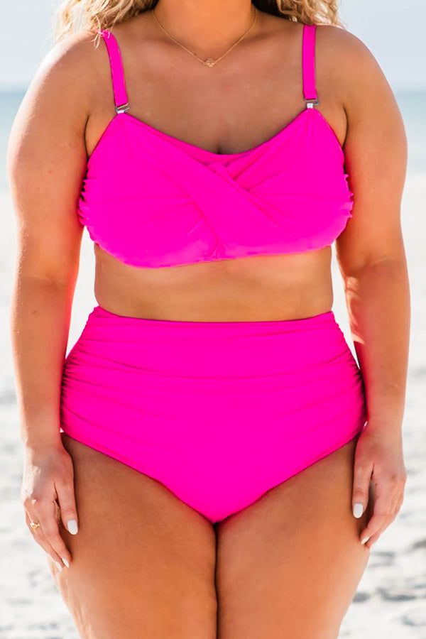 Chic Soul plus size clothing, neon pink spaghetti strap bikini top with crisscross pattern