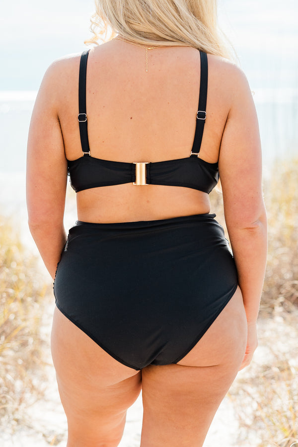 Chic Soul plus size clothing, black bandeau style top with detachable think straps with criss cross fabric detail on the front and clasp detail in the back with gold hardware