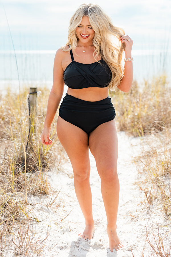 Chic Soul plus size clothing, black high waisted plain bikini swim bottoms with cinched detail on sides