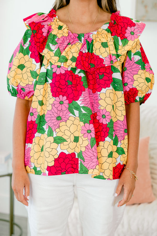 Chic Soul plus size clothing, off-the-shoulder pink top with puffed short sleeves and orange and fuchsia floral pattern