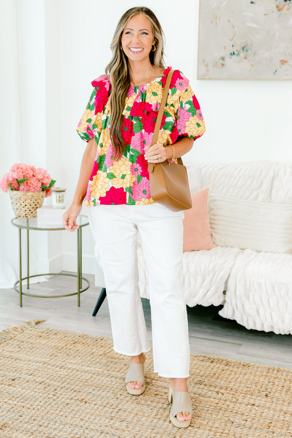 Chic Soul plus size clothing, off-the-shoulder pink top with puffed short sleeves and orange and fuchsia floral pattern
