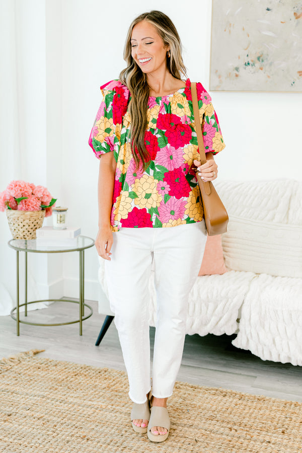 Chic Soul plus size clothing, off-the-shoulder pink top with puffed short sleeves and orange and fuchsia floral pattern