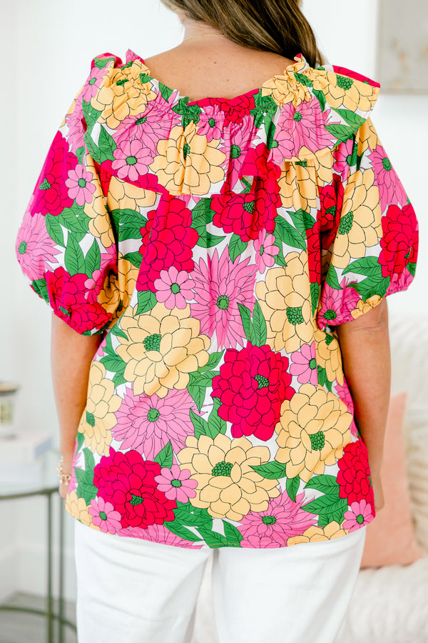 Chic Soul plus size clothing, off-the-shoulder pink top with puffed short sleeves and orange and fuchsia floral pattern